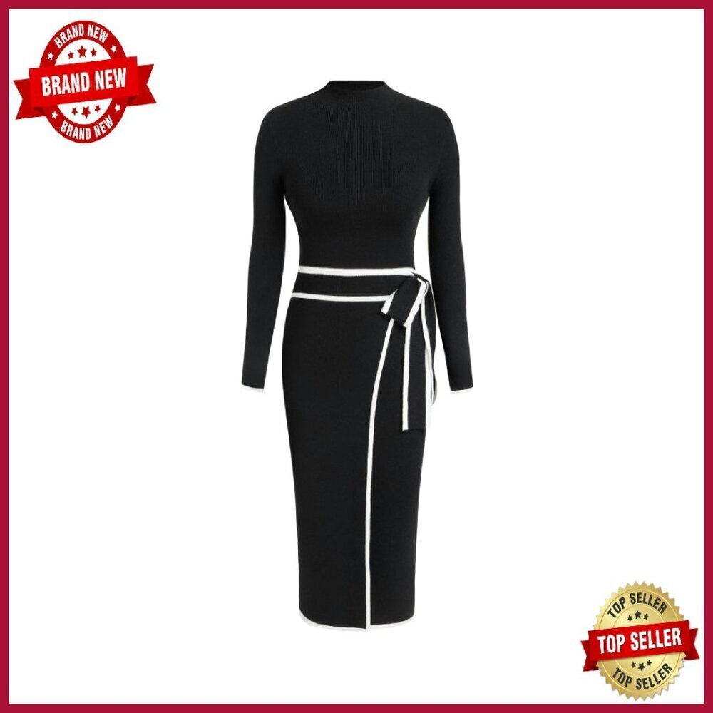Long Sleeve Mock Turtleneck Bow Tie Midi Sweater Dress Women's Work Casual